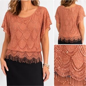Dressbarn Peach Embellished Cocktail Scoop Neck blouse with fringe size XL